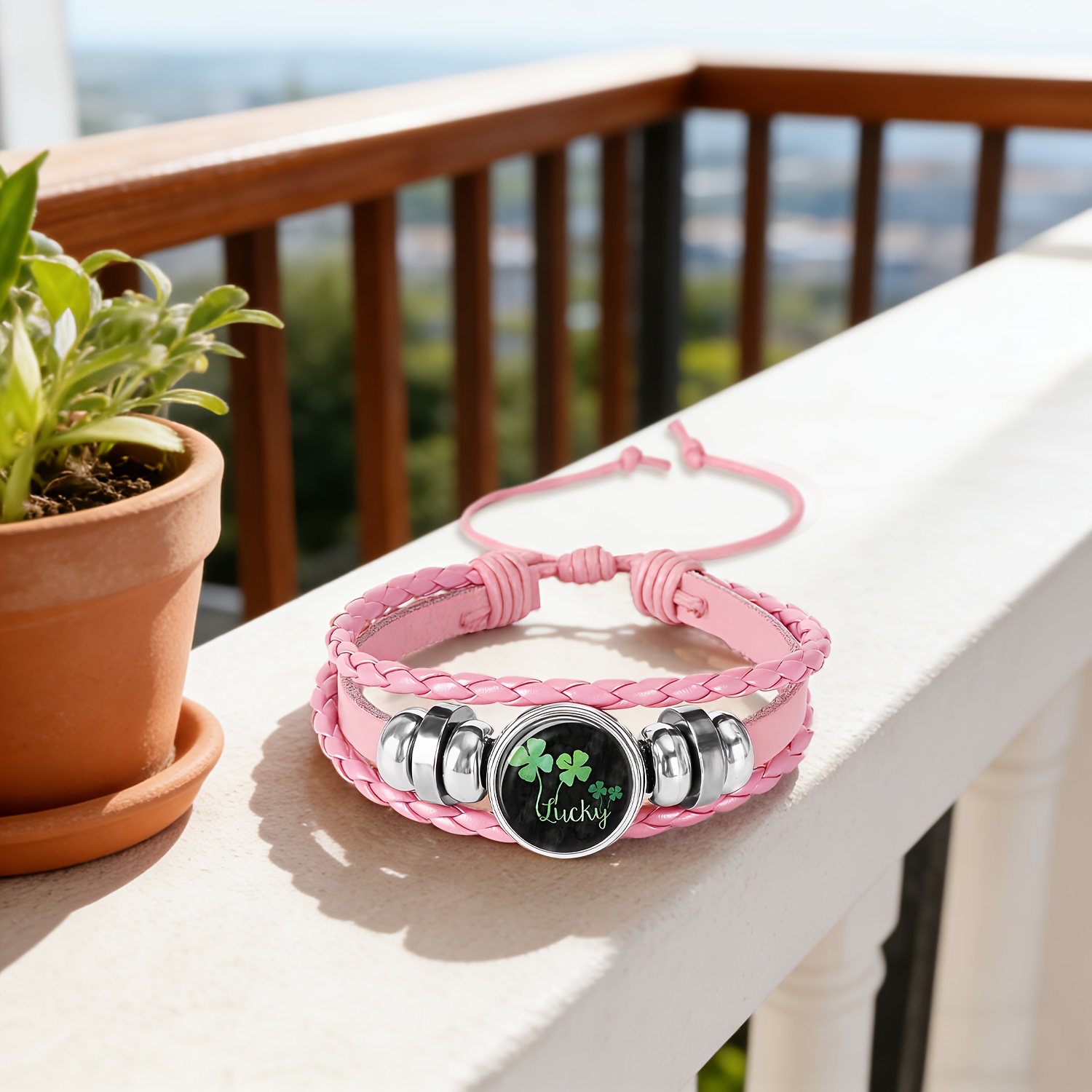 Women's Pink Bracelet with Green Four-Leaf Clover
